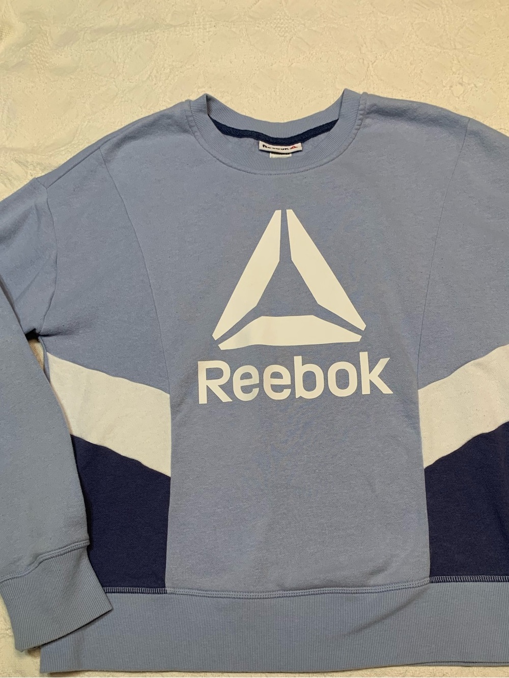 Reebok Light Blue, White & Navy Colorblock Crew Sweatshirt